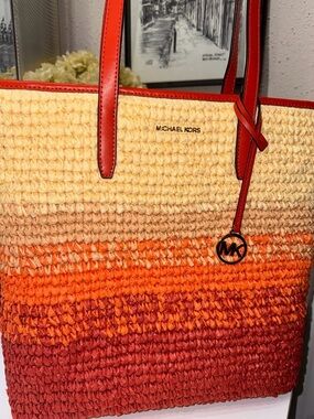 Michael Kors Ombre Straw Tote in Orange, Cream and Red-Orange Trim